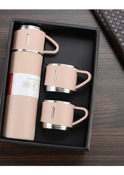 3 Bardaklı Termos, Termos, Paslanmaz Çelik Termos, Vakumlu Çanta Hediyeli Termos Içecek 500 ml Pasla