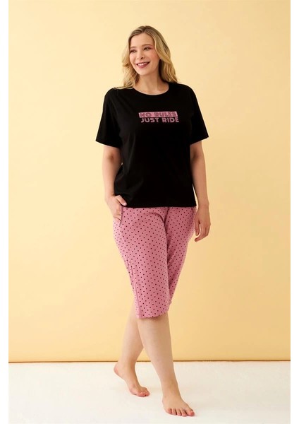 Kadın Siyah “no Rules Just Ride” Yazılı Büyük Beden Kapri Pijama Takımı modelleri