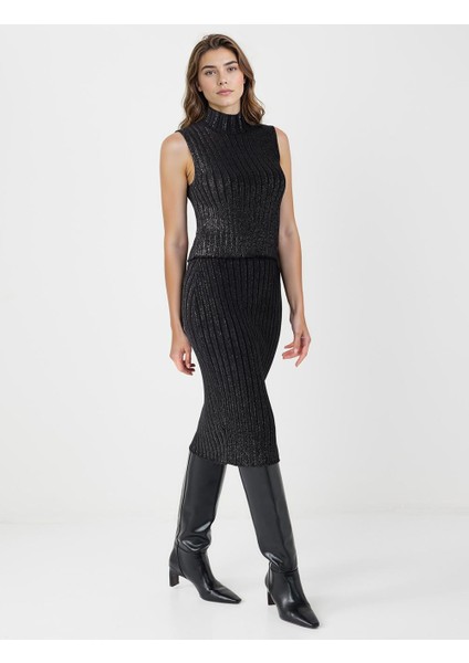 Siyah Normal Bel Pamuklu Midi Triko Etek