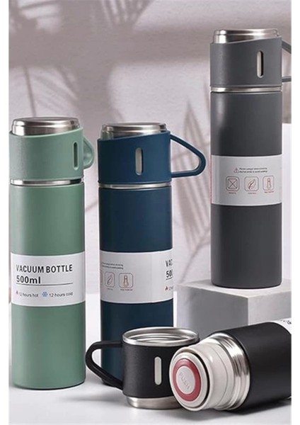 Bardaklı Termos 500ML 3'lü Set Paslanmaz Çelik Kahve Termosu A+ Kalite Hediye Çantalı