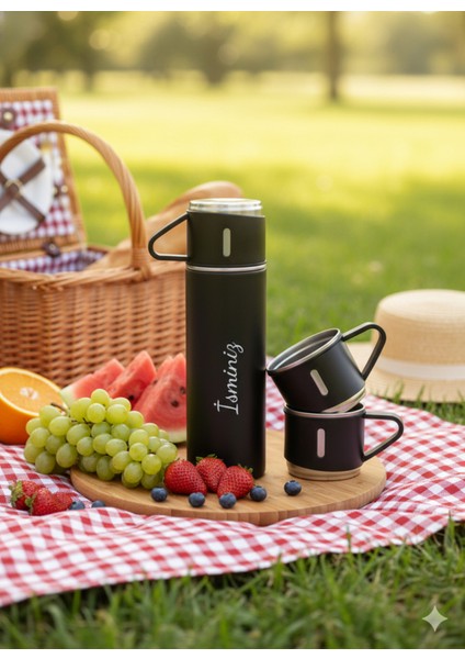 500 ml Termos 3 Bardaklı Paslanmaz Çelik Kahve Termosu Sıcak Tutan Termos Çantalı Hediye