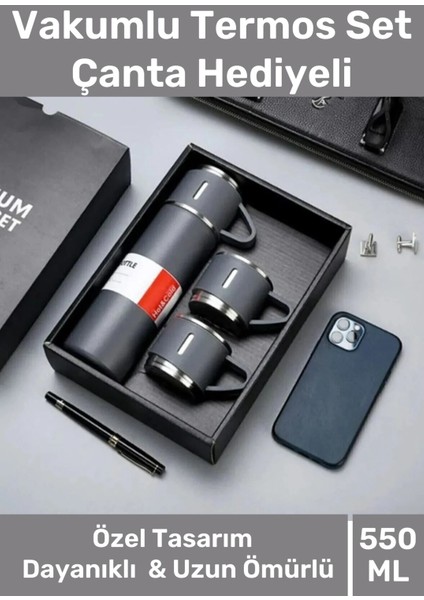 Özel Üretim Paslanmaz Çelik 3 Bardaklı Soğuk Sıcak Termos Vakumlu Termos Set Çanta Hediyeli 550 ml >