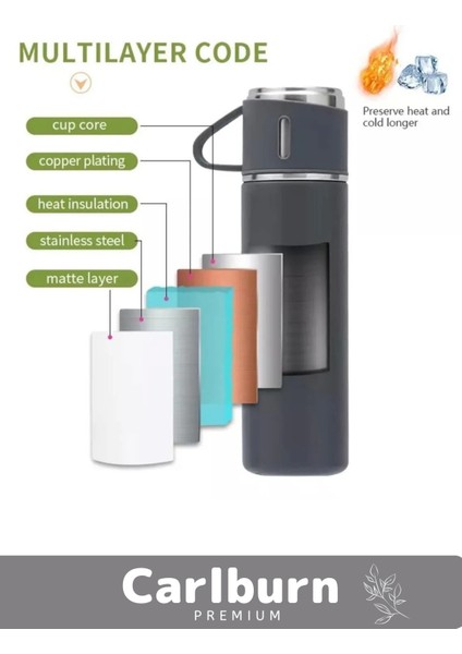 Özel Üretim Paslanmaz Çelik 3 Bardaklı Soğuk Sıcak Termos Vakumlu Termos Set Çanta Hediyeli 550 ml >