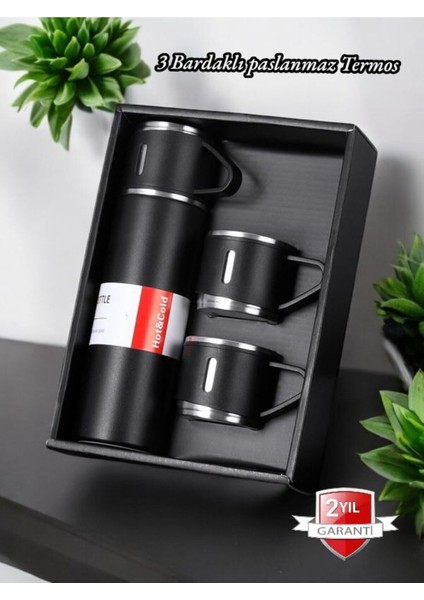 3 Bardaklı 500ML Termos Içecek 500 ml Krom Yeşil 12 Saat Kutulu