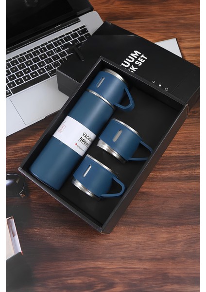Vakum Flask Paslanmaz Çelik 3 Bardaklı Vakumlu Termos Set 500 Ml, 12 Saate Kadar Isı Koruma Termos G