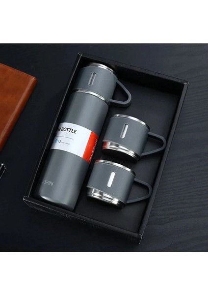 Paslanmaz Çelik Termos 3 Bardaklı Termos Seti Vakumlu Termos Set Hediye Seti Içecek 500 ml Metal Pem
