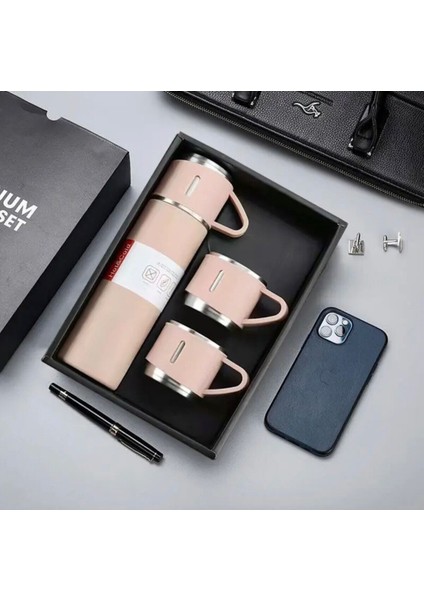 500 ml Termos Seti 3 Bardaklı A+ Kalite Paslanmaz Çelik Kahve Termosu Çantalı Hediye