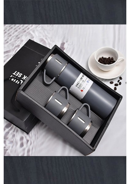 Paslanmaz Çelik Termos Siyah Renk 3 Bardaklı Termos Seti Vakumlu Termos Set Siyah Çelik