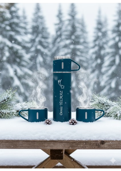 A+ Kalite 3 Bardaklı Çelik Termos 500ML Sıcak Tutan Kahve Çay Termosu Çanta Hediye