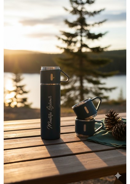 500 ml Termos 3 Bardaklı Paslanmaz Çelik Kahve Termosu Sıcak Tutan Termos Çantalı Hediye