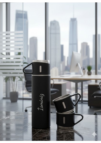 Sıcak Su Termosu 500ML 3 Bardaklı Set A+ Kalite Çelik Kahve Termosu Hediye Çantalı