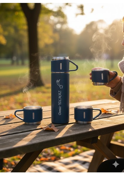 Kahve Termosu 500ML 3 Bardaklı Paslanmaz Çelik Çay Termosu Termos Seti Hediye Çantalı