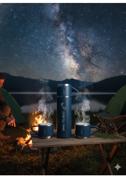 Paslanmaz Çelik Termos 500ML 3 Bardaklı A+ Kalite Kahve Çay Termosu Hediye Çantalı