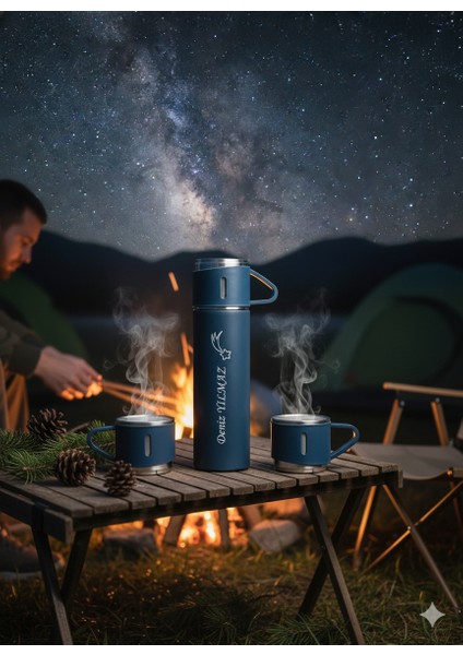 Bardaklı Termos 500ML 3 Bardaklı Premium Çelik Set Kahve Çay Termosu Hediye Çantalı