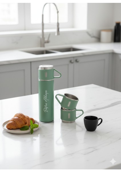 Küçük Termos 500ML 3 Bardaklı Premium Set Paslanmaz Çelik Kahve Çay Termosu Hediye Çantalı