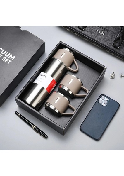 Paslanmaz Çelik Çift Katmanlı 500 ml 3 Bardaklı Set Termos Sıcak Soğuk Termos Içecek 500 ml Çelik Ye