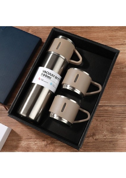Paslanmaz Çelik Çift Katmanlı 500 ml 3 Bardaklı Set Termos Sıcak Soğuk Termos Içecek 500 ml Çelik Ye fiyatları