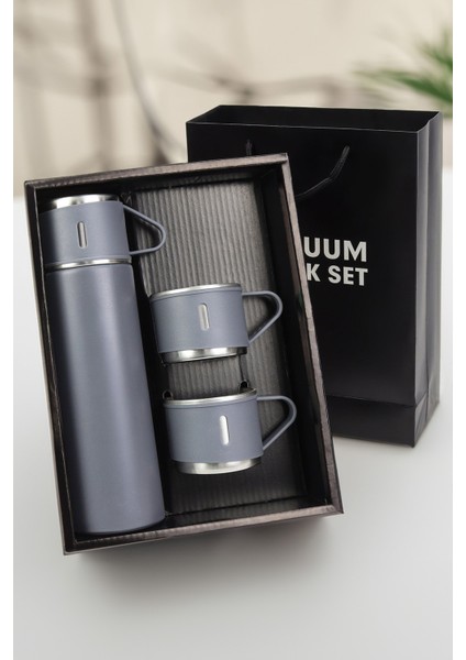 Özel Kutusunda 3 Bardaklı 500 ml Çelik Termos 0,50 L Içecek Paslanmaz Çelik Gümüş 12 Saat Kutulu