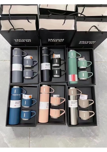 3 Bardaklı Termos 500ML Premium Kalite Paslanmaz Çelik Kahve Çay Termosu Hediye Çantalı indirimleri