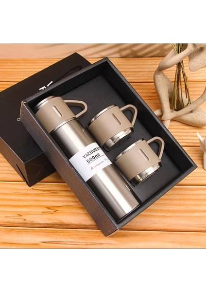 3 Bardaklı Kahve Termosu 500ML Set Paslanmaz Çelik Çay Termosu A+ Kalite Hediye Çantalı fırsatları