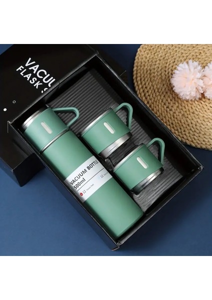 Erkek Termos 500ML 3 Bardaklı A+ Kalite Paslanmaz Çelik Kahve Termosu Hediye Çantalı