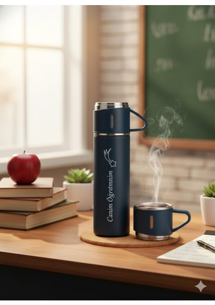 Termos Suluk 500ML 3 Bardaklı Set Paslanmaz Çelik Kahve Çay Termosu Premium Çanta Hediyeli