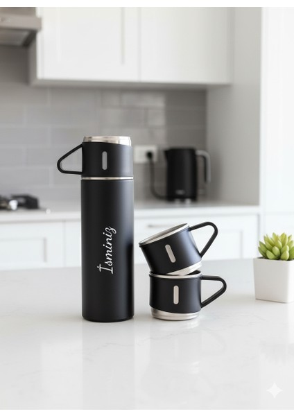 Çay Termosu 500ML 3 Bardaklı Set Premium Paslanmaz Çelik Kahve Termosu Sıcak Tutan Termos Çantalı