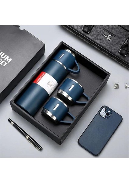 A+ Kalite 500 ml Termos 3 Bardaklı Paslanmaz Çelik Kahve Çay Termosu Hediye Çantalı