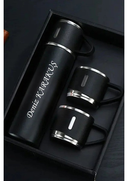 Paslanmaz Çelik Termos Siyah Renk 3 Bardaklı Termos Seti Vakumlu Termos Set >550 ml Içecek Paslanmaz