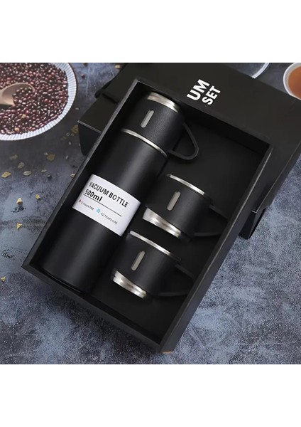Erkek Termos 500ML 3 Bardaklı A+ Kalite Paslanmaz Çelik Kahve Termosu Hediye Çantalı