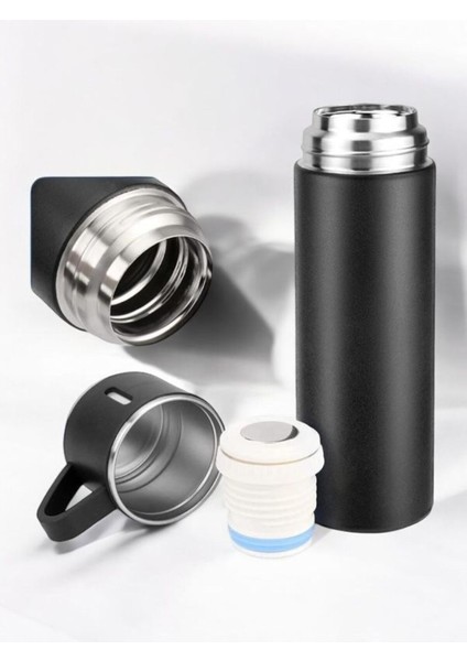 500 ml Paslanmaz Çelik Termos Sıcaklığı Uzun Süre Koruyan 3 Bardaklı Çelik 540 ml Siyah