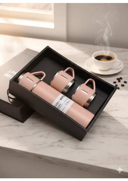 Paslanmaz Çelik 3 Bardaklı Siyah Renk Termos Seti / Çay Kahve Piknik Kamp >550 ml Içecek Paslanmaz Ç