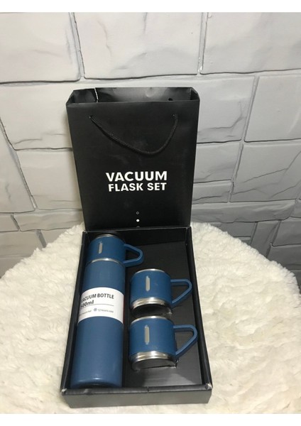 Paslanmaz Çelik Termos 3 Bardaklı Termos Seti Vakumlu Termos Set Termos1 Çelik Siyah