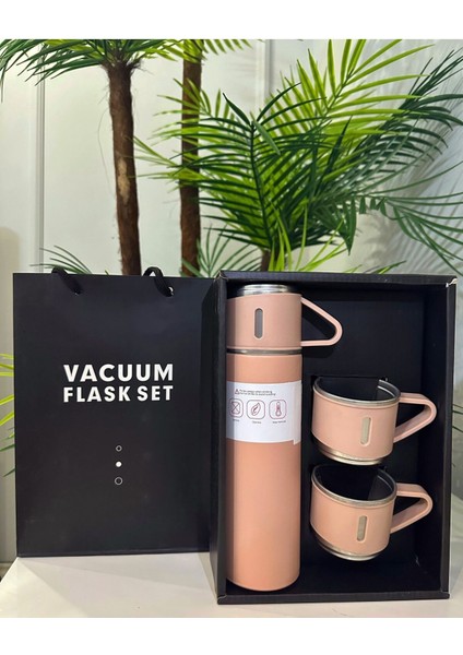 Paslanmaz Çelik Termos Pembe Renk 3 Bardaklı Termos Seti Vakumlu Termos Set Çanta Hediyeli Içecek 50