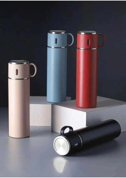 Paslanmaz Çelik Termos Pembe Renk 3 Bardaklı Termos Seti Vakumlu Termos Set Çanta Hediyeli Içecek 50
