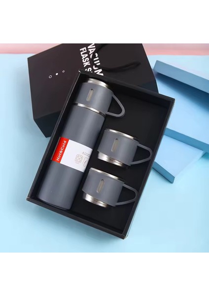 Premium 3 Bardaklı Çay Termosu 500ML Paslanmaz Çelik Kahve Termosu Çantalı Termos Seti