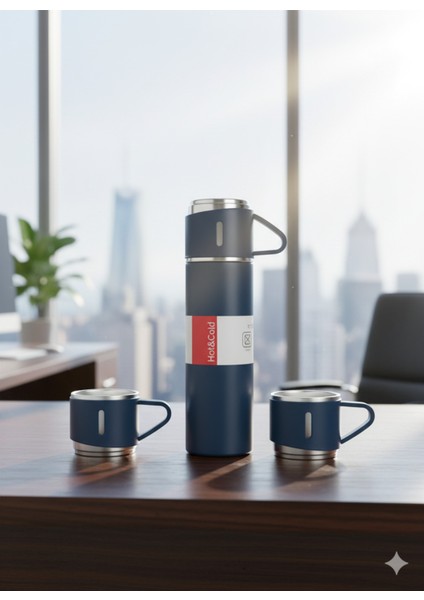 A+ Kalite 3 Bardaklı Çelik Termos 500ML Sıcak Tutan Kahve Çay Termosu Çanta Hediye