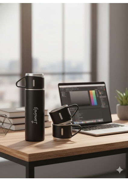 Kamp Termosu 500ML 3 Bardaklı Premium Paslanmaz Çelik Kahve Çay Termosu Hediye Çantalı