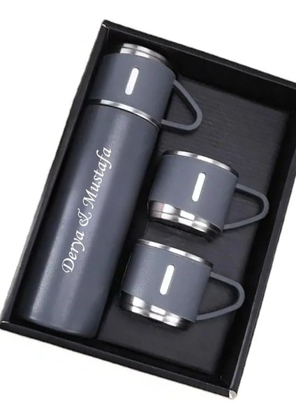 Kişiye Özel Paslanmaz Çelik Termos 3 Bardaklı Termos Seti Çanta Hediyeli 0,50 L Içecek Paslanmaz Çel