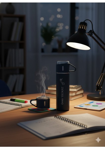 Paslanmaz Çelik Termos Mavi Renk 3 Bardaklı Termos Seti Vakumlu Termos Set Içecek 500 ml Paslanmaz Ç