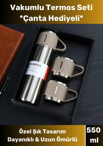 Özel Tasarım Paslanmaz Çelik 3 Bardaklı Termos Soğuk Sıcak Vakumlu Set Çanta Hediyeli 550 ml 450-550