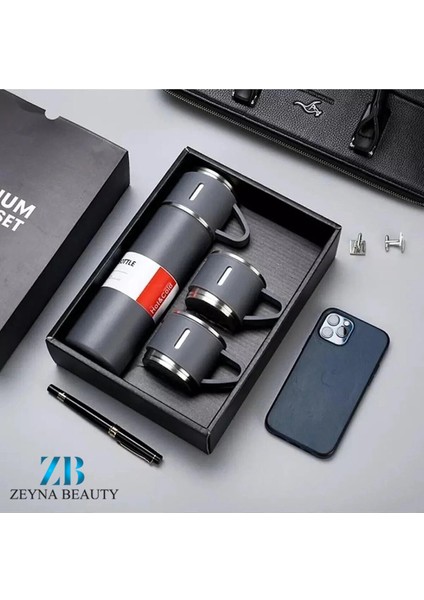 Paslanmaz Çelik Termos Krem Renk 3 Bardaklı Termos Seti Vakumlu Termos Set >550 ml Içecek Paslanmaz