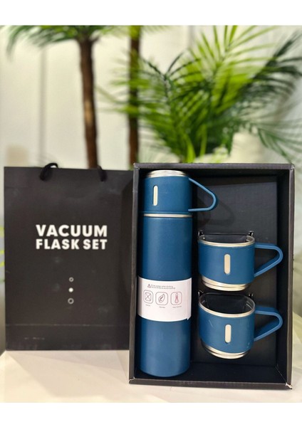 Paslanmaz Çelik Termos Pembe Renk 3 Bardaklı Termos Seti Vakumlu Termos Set Çanta Hediyeli Içecek 50