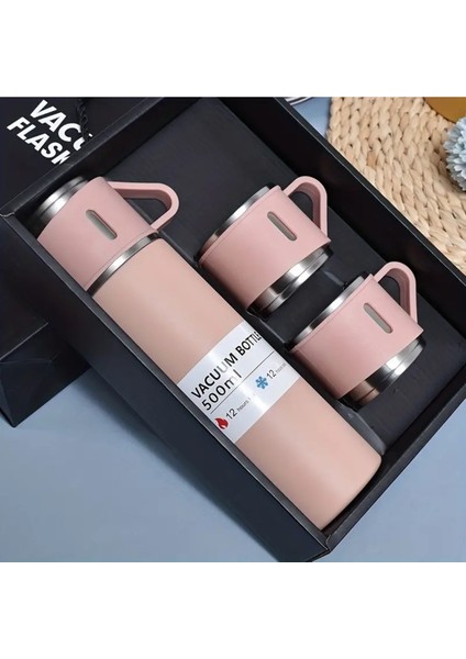 Paslanmaz Çelik Termos Renkli 3 Bardaklı 500 ml Kutulu Set Içecek 500 ml Metal Yeşil 6 Saat Kutulu C