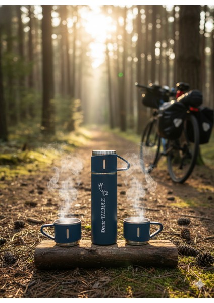 500 ml Termos 3 Bardaklı Paslanmaz Çelik Kahve Termosu Sıcak Tutan Termos Hediye Çantalı