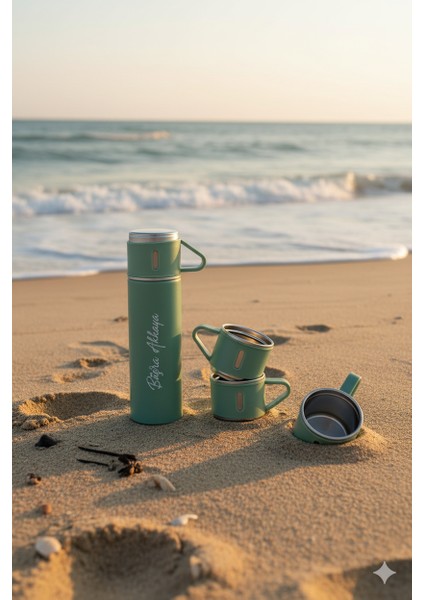 Paslanmaz Çelik Termos 500ML 3 Bardaklı Premium Set Kahve Termosu Çay Termosu Çantalı