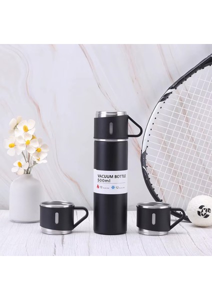 Çelik Termos 500ML 3 Bardaklı Sıcak Tutan Kahve Termosu Premium A+ Kalite Hediye Çantalı