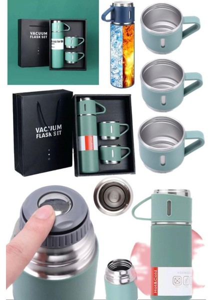 Kamp Piknik Için Ideal 3 Bardaklı 500ML Termos Sıcak ve Soğuk Tutan Kahve Çay Içecek Termosu Çelik I fiyatları