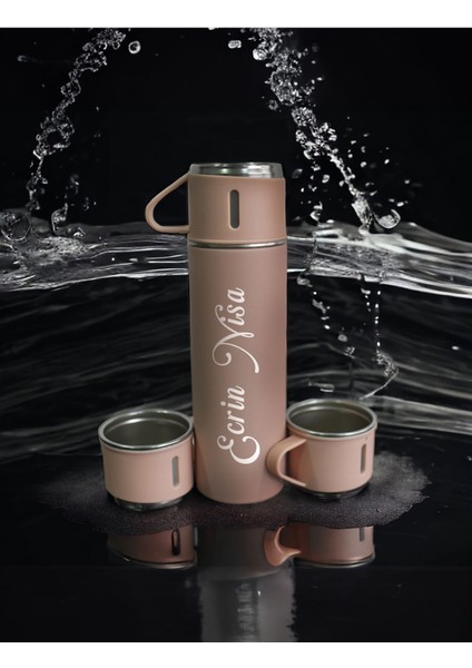 Kişiye Özel Isimli Hediyelik Termos - 3 Bardaklı Paslanmaz Çelik Termos 500 ml