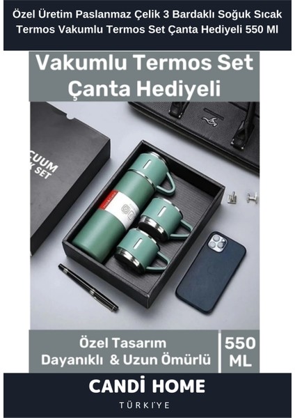Premium Özel Seri Hediyelik Paslanmaz Çelik 550 ml 3 Bardaklı Soğuk Sıcak Termos Set Çanta Hediyeli